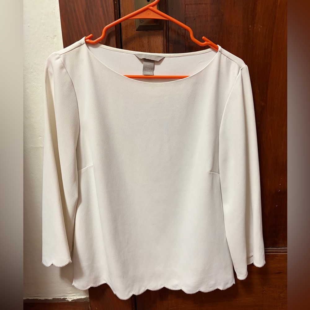 H&M White Scalloped Hem Long Sleeve Blouse